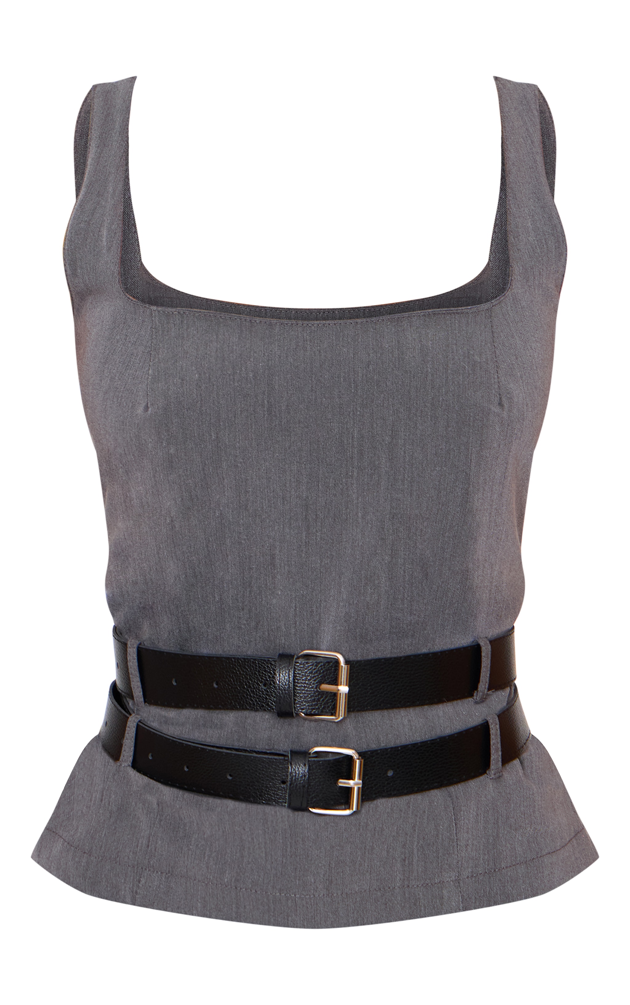 Petite Charcoal Double Belt Detail Fitted Square Neck Top image 5