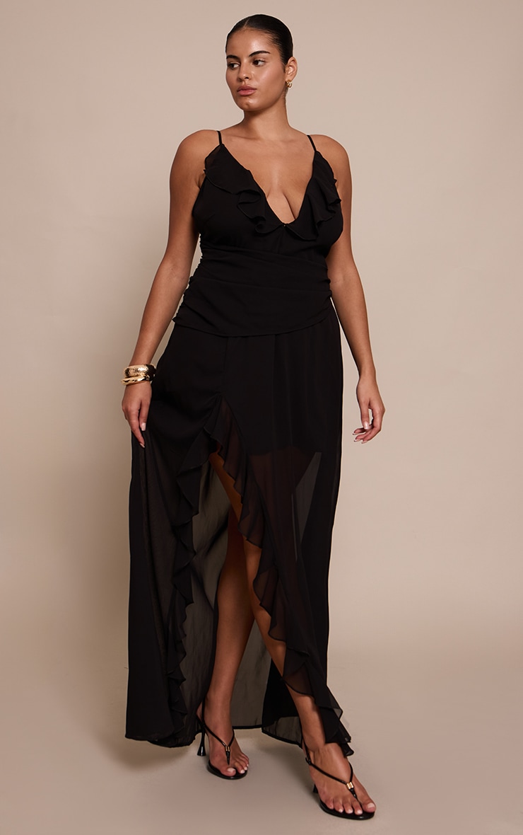 Plus Black Chiffon Frill Plunge Strappy Maxi Dress image 3
