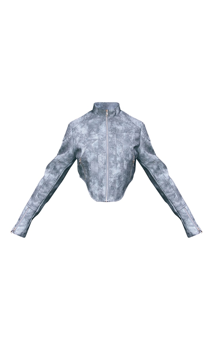 Veste style pilote en PU bleu délavé effet usé à étoile brodée image 5