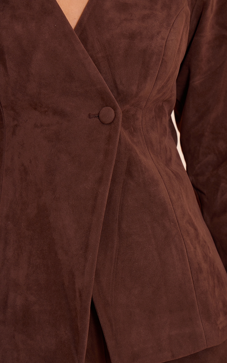Dark Brown Structured Faux Suede Cinched Waist Blazer image 4