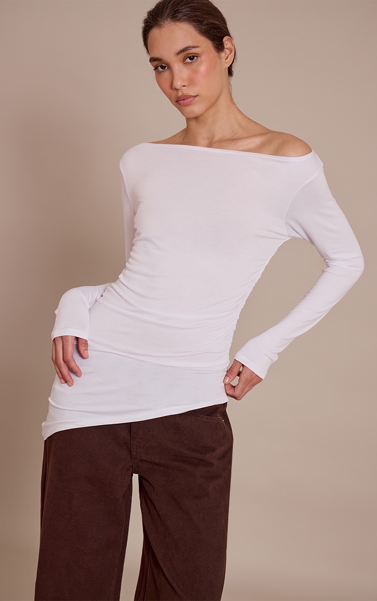 White Asymmetric Hem Detail Long Sleeve Top image 1