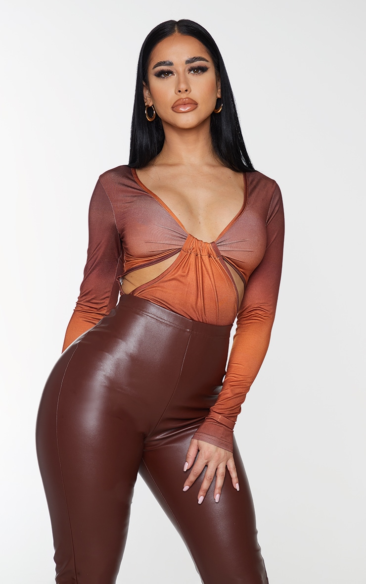 Shape Brown Ombre Print Slinky Cut Out Detail Long Sleeve Bodysuit