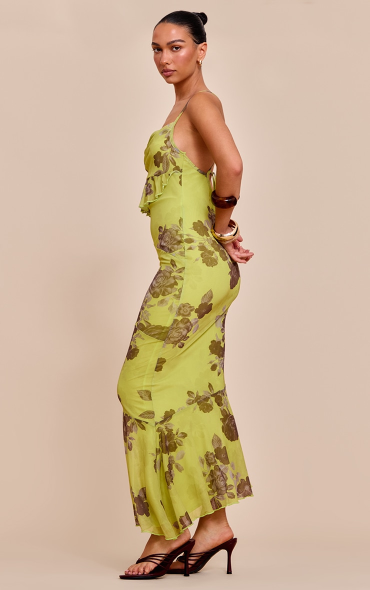 Green Floral Mesh Frill Cowl Back Maxi Dress image 3