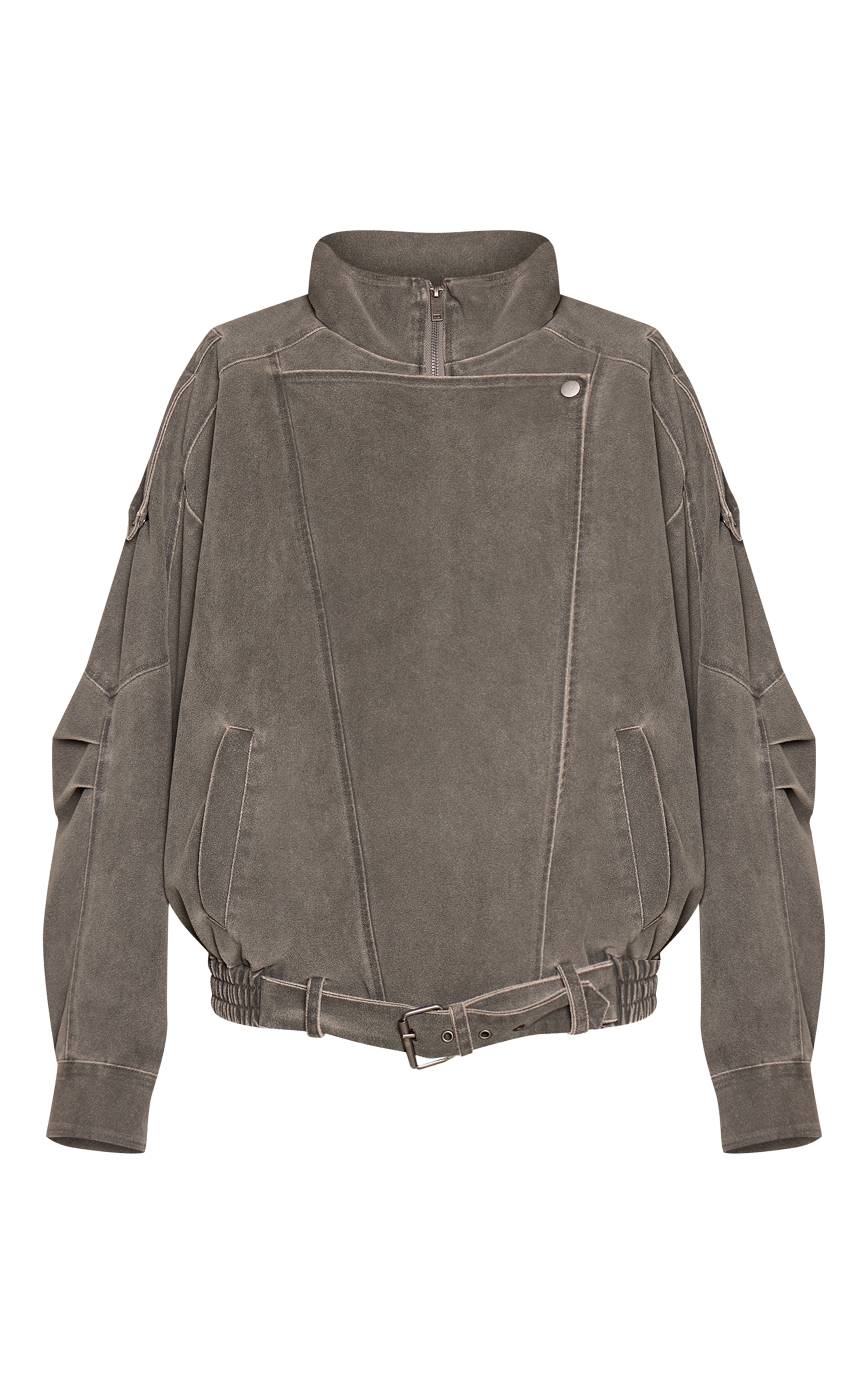 Grey Burnished Funnel Neck Low Belt Soft Suede Biker Jacket image 5