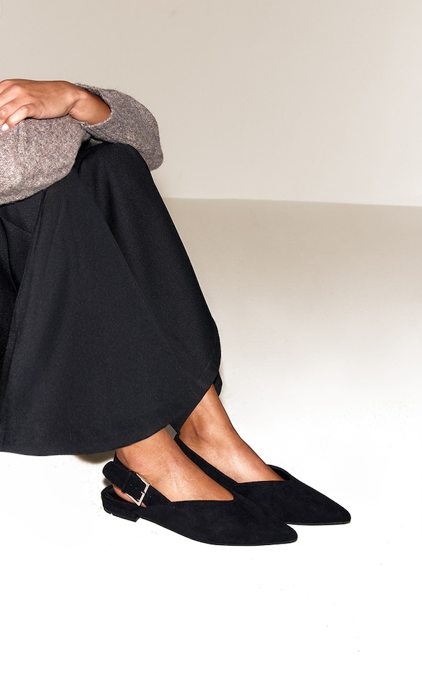 Black Suede Buckle Point Toe Sling Back Mules