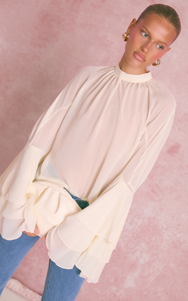 Cream Chiffon High Neck Ruffle Sleeve Detail Blouse