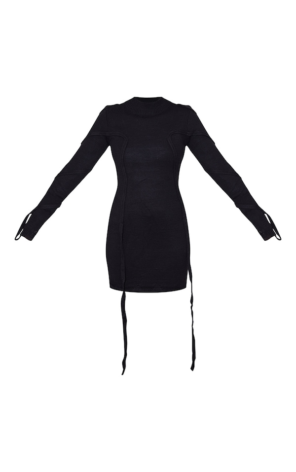 Black Knitted Tie Detail Wrap Bodycon Dress image 3