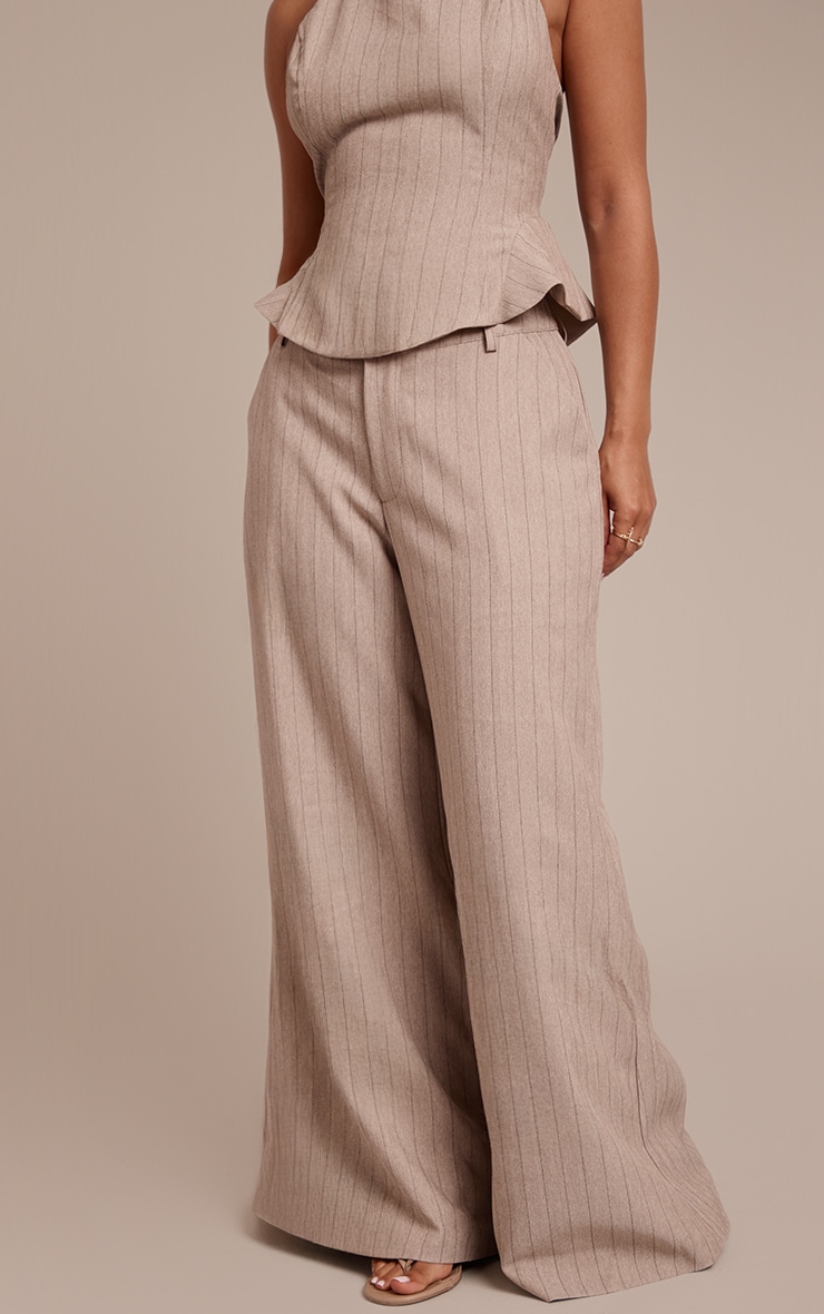 Petite Beige Pinstripe Wide Leg Tailored Pants image 2