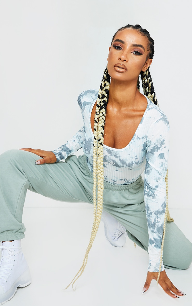 Sage Green Acid Wash Slinky Rib Long Sleeve Bodysuit image 3