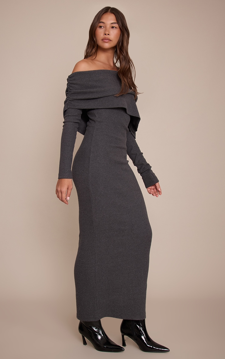 Charcoal Ribbed Bardot Oversized Fold Over Maxi Dress image 3