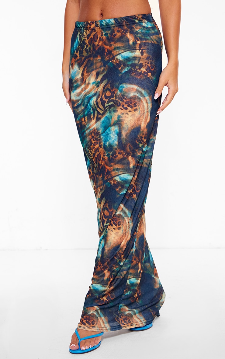 Blue Abstract Leopard Printed Onion Skin Maxi Skirt image 2