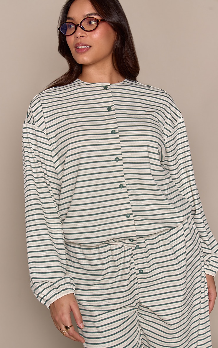 Plus Teal Stripe Soft Rib Relaxed Button Up Top image 1