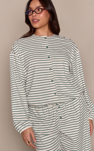 Plus Teal Stripe Soft Rib Relaxed Button Up Top