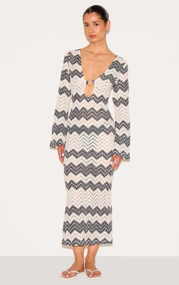 Tall Black Striped Plunge Neck Fitted Midaxi Dress image 1