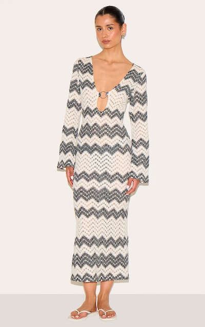 Tall Black Striped Plunge Neck Fitted Midaxi Dress