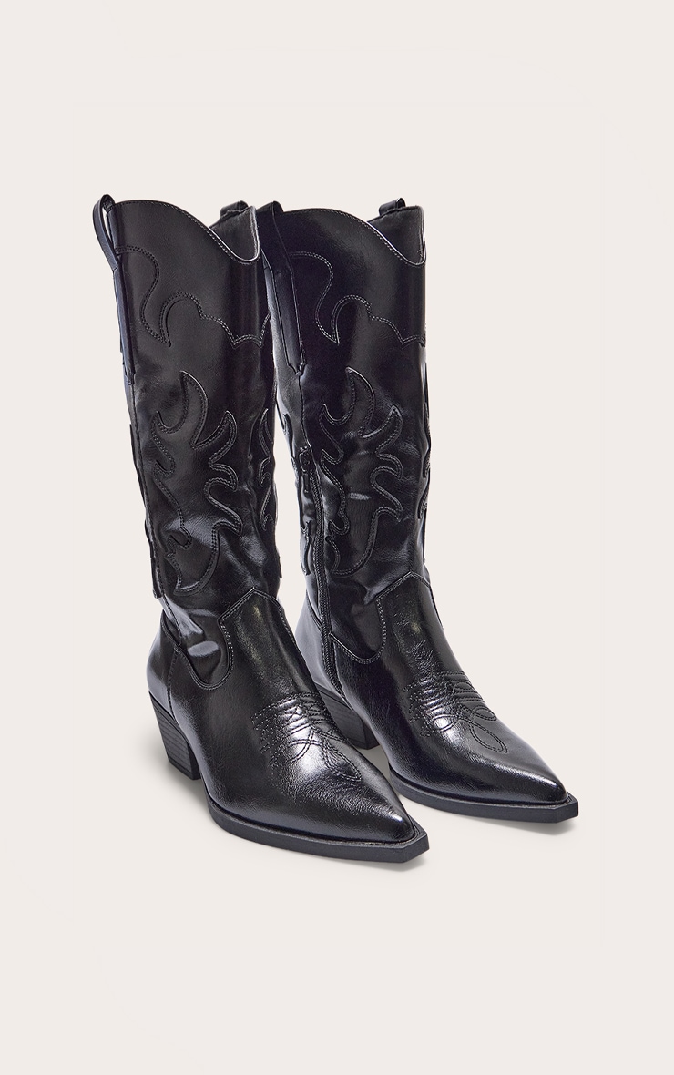 Black Pu Point Toe Low Block Heel Stitched Western Boots image 2