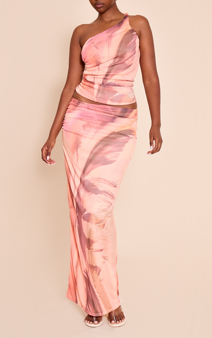 Pink Feather Print Mesh Ruched Maxi Skirt image 2