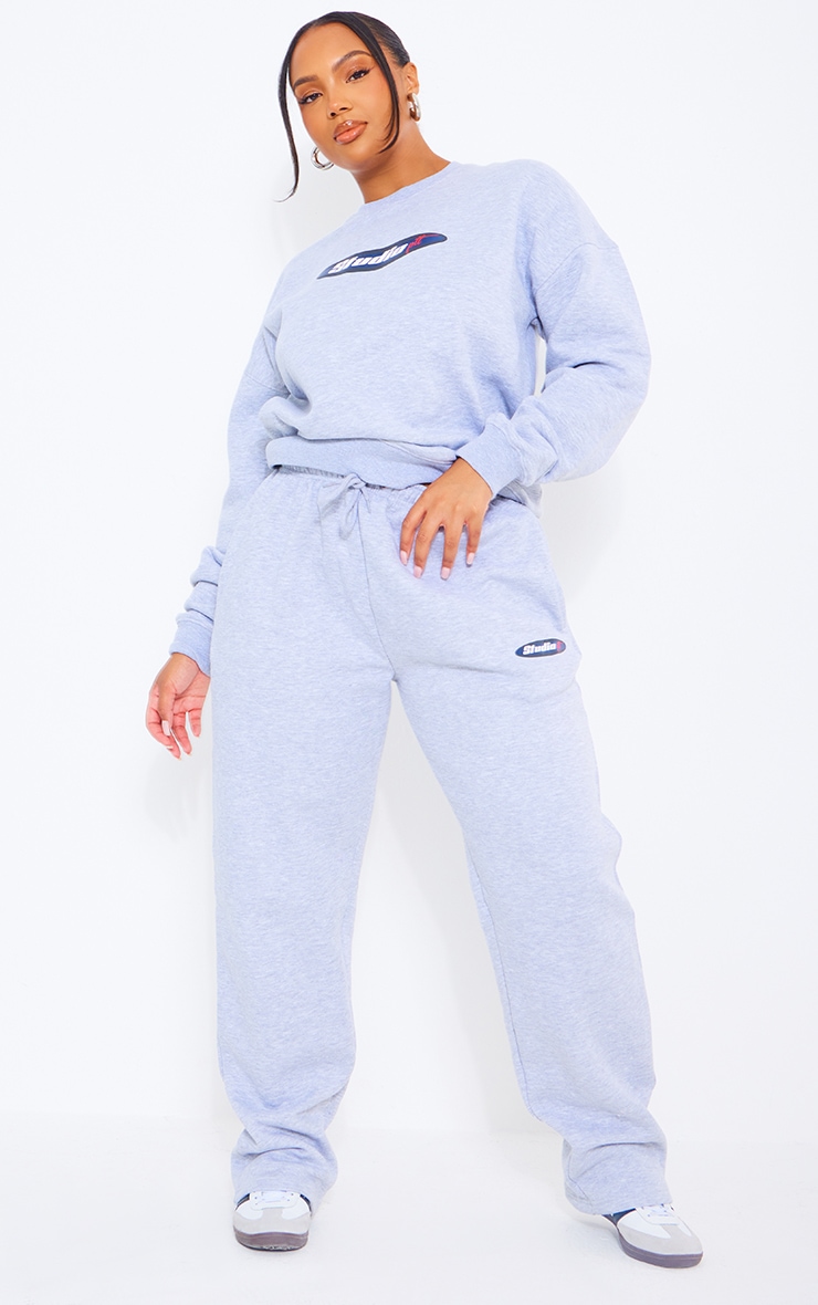 PRETTYLITTLETHING Plus Grey Marl Embroidered Studio Joggers image 1
