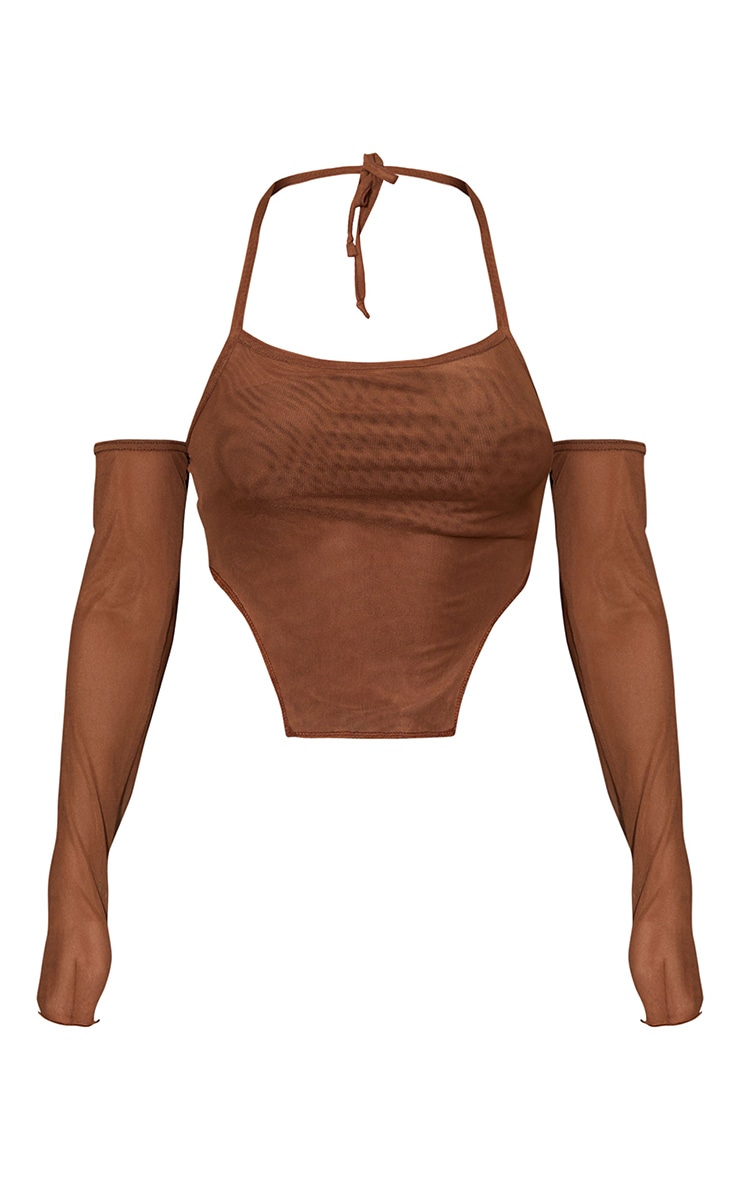 Chocolate Mesh Halterneck Square Hem Long Sleeve Crop Top image 5