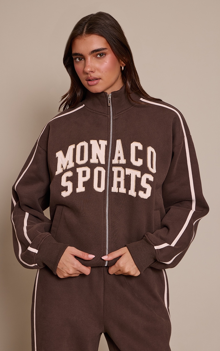 Chocolate Contrast Monaco Applique Zip Through Sweatshirt image 1