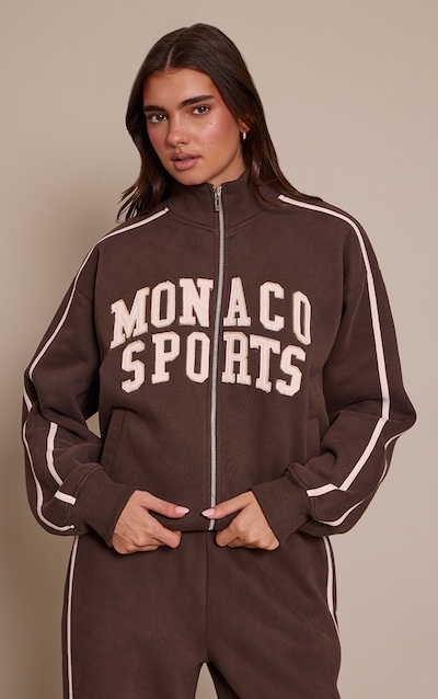 Chocolate Contrast Monaco Applique Zip Through Sweatshirt