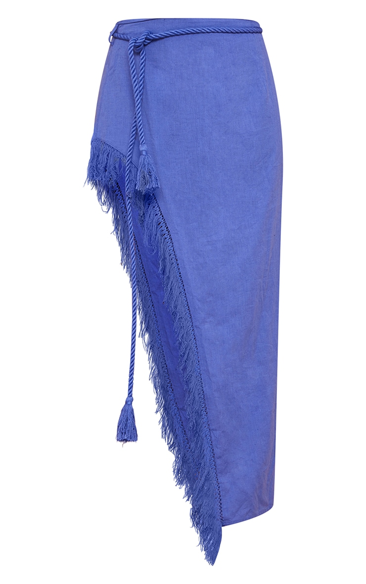 Blue Fringe Hem Rope Tie Waist Asymmetric Midaxi Skirt image 5