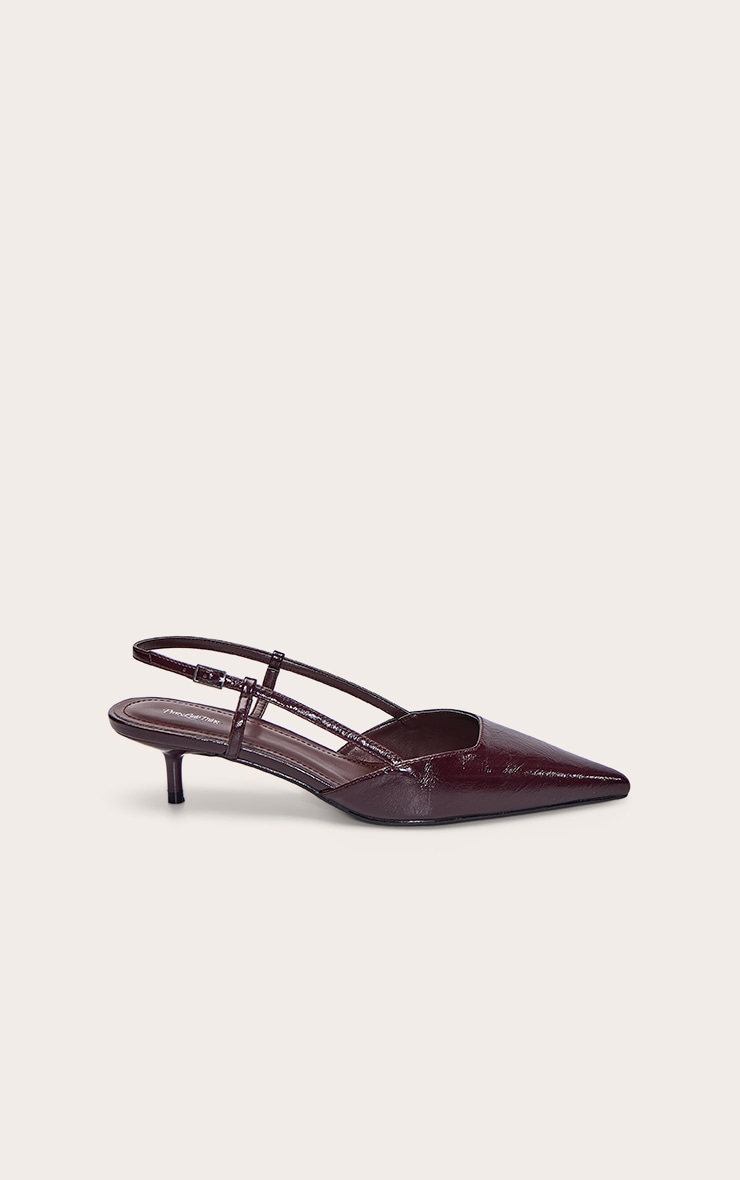 Burgundy Patent Crinkle Kitten Heel Sling Back Courts image 2
