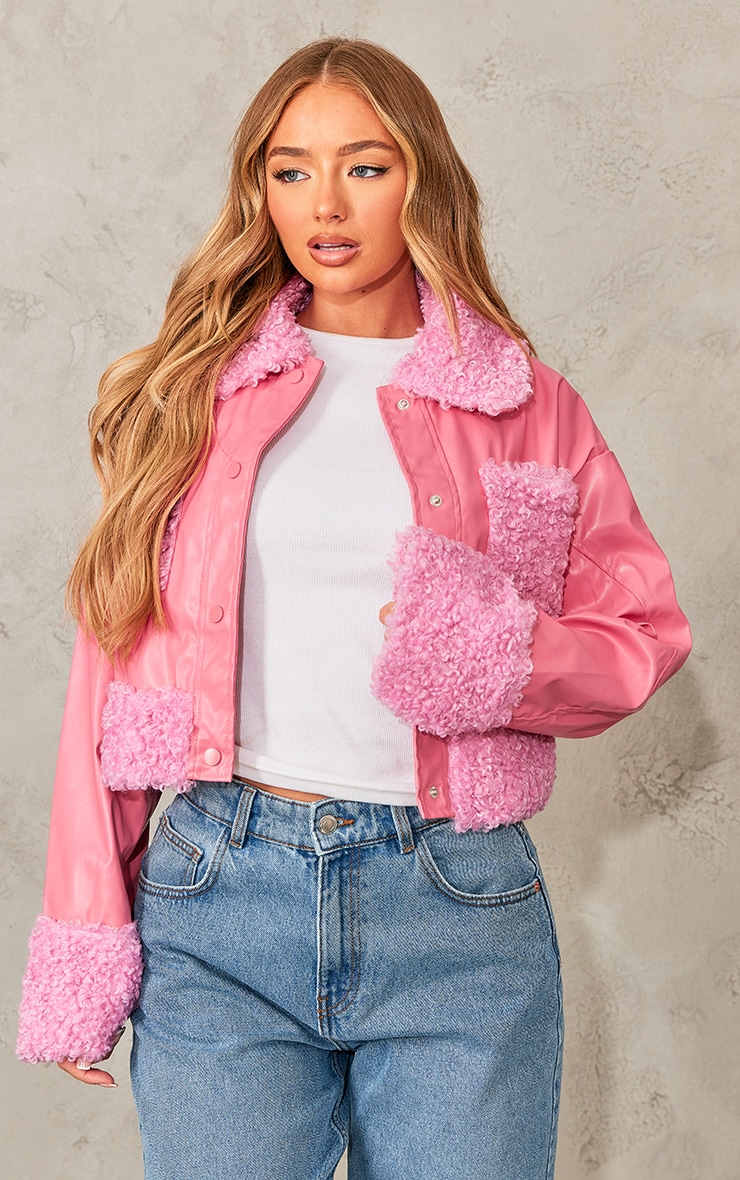 Pink Borg Pocket Front Faux Leather Cropped Coat image 5