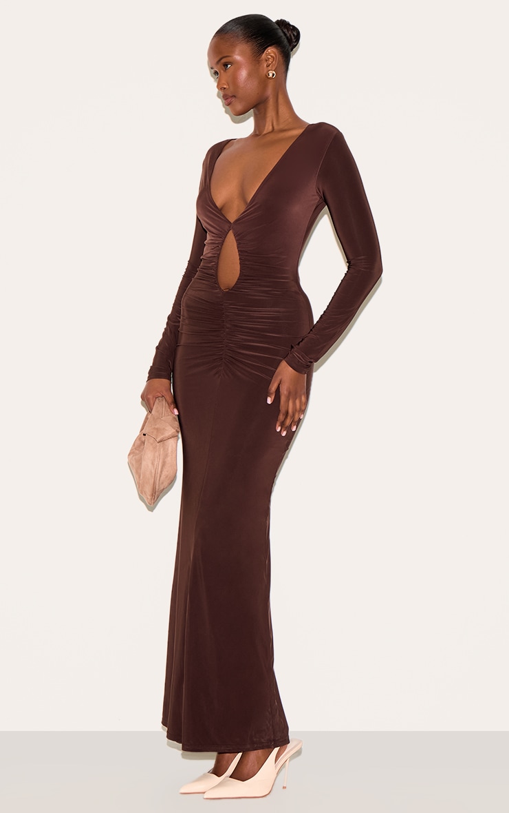 Chocolate Double Layer Plunge Ruched Maxi Dress image 3