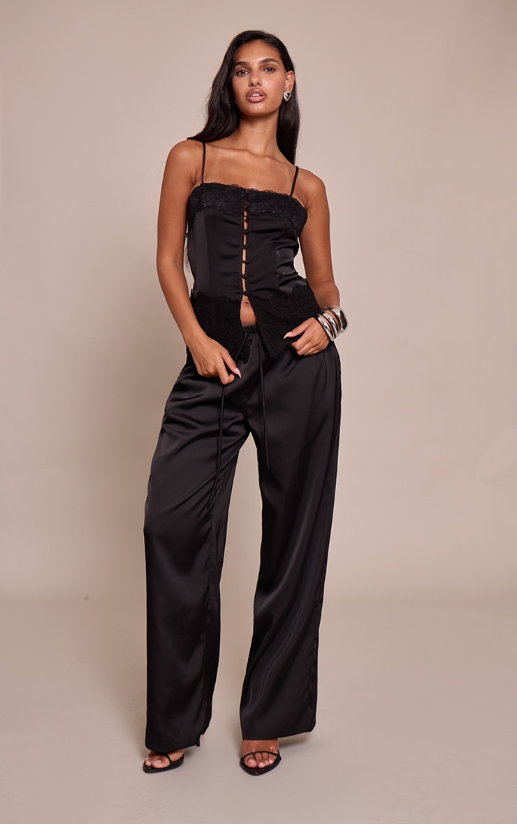 Black Satin Button Up Lace Detail Cami