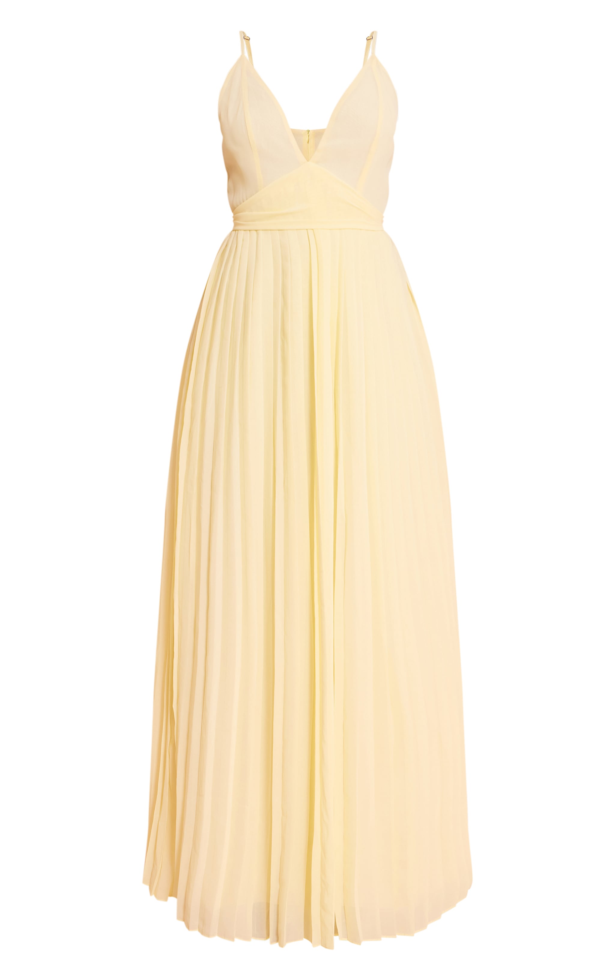 Robe longue en mousseline de soie jaune citron plissée à bretelles fines et détail ceinture image 5