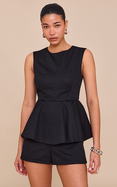 Black Cotton Peplum Skort Romper