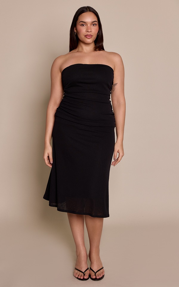 Plus Black Bandeau Onion Skin Ruched Detail Midi Dress