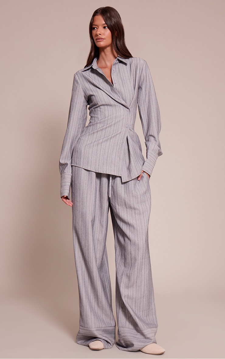Light Grey Pinstripe Woven Asymmetric Button Shirt image 3