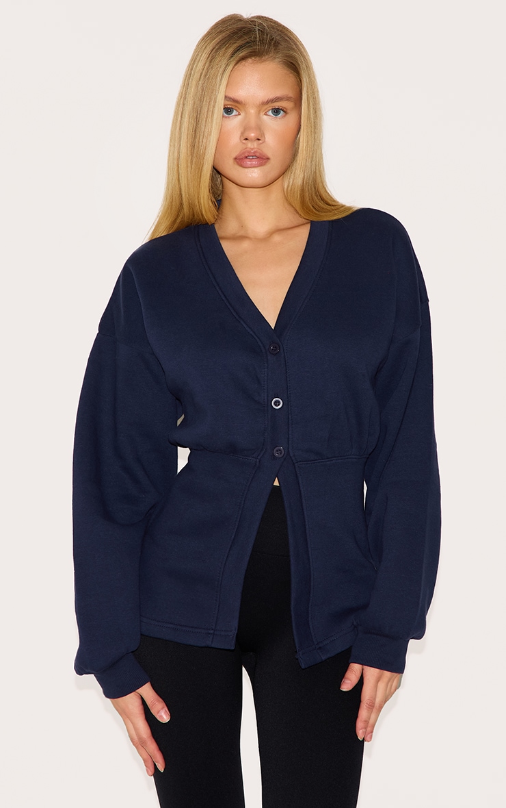 Navy Fitted Waist Button Front Sweatshirt image 1