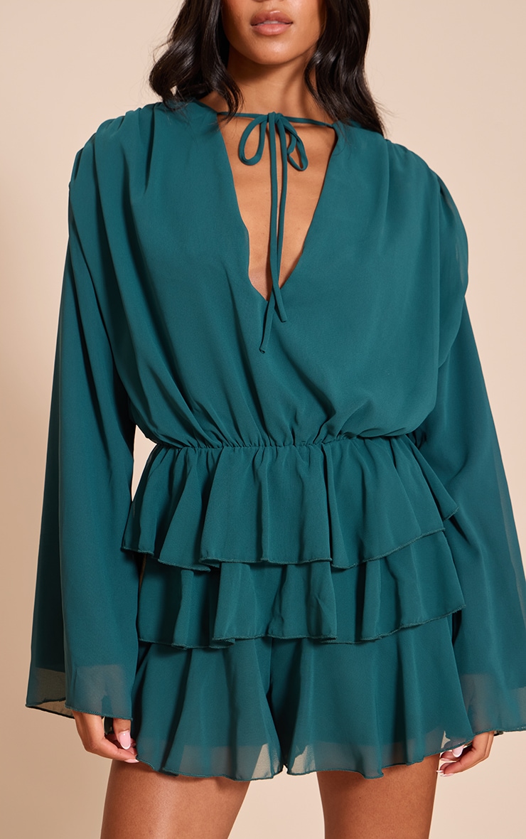 Tall Teal Chiffon V Neck Frill Tiered Romper image 4