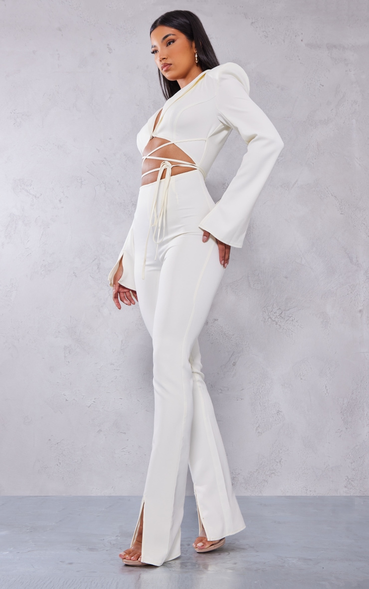 Cream Split Hem Tie Waist Cut Out Blazer Jumpsuit image 3