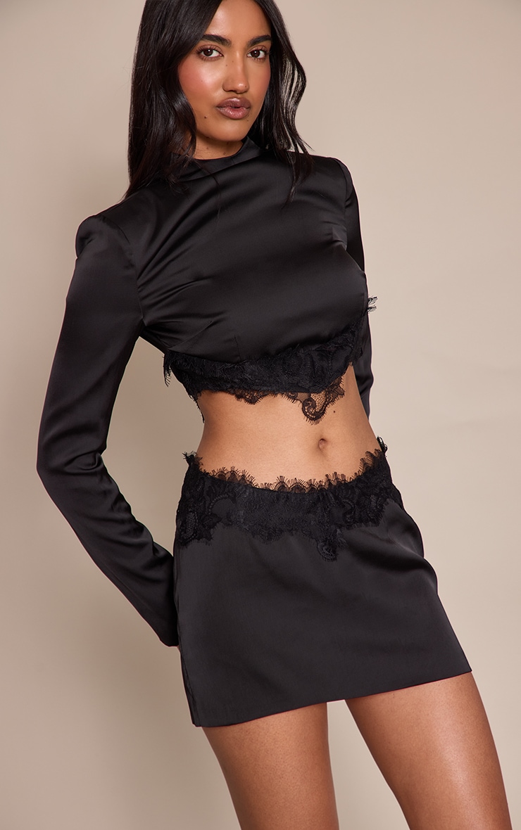 Black Satin Lace Trim Mini Skirt  image 2
