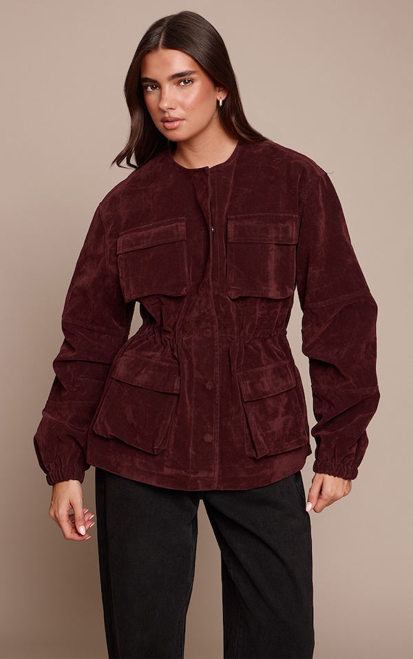 Burgundy Structured Faux Suede Pocket Detail Adjustable Waist Jacket