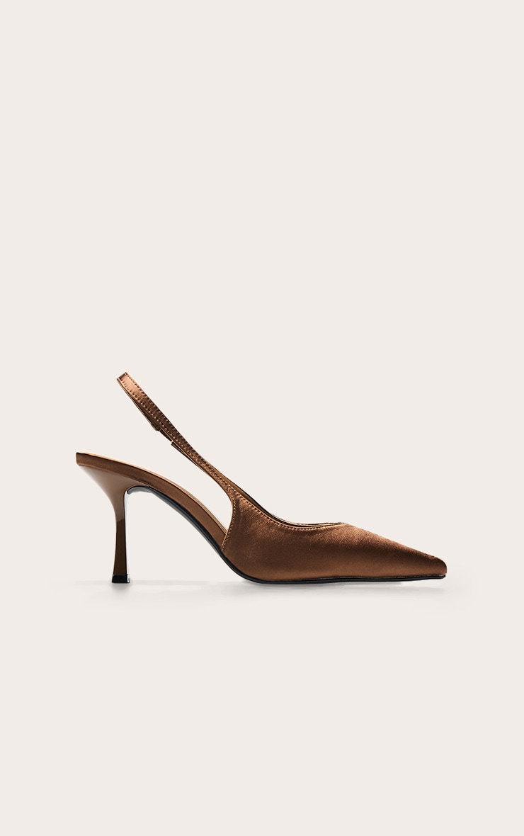 Mocha Satin Point Toe Heeled Sling Back image 2