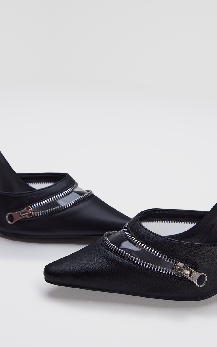 Black Pu Point Toe Zip Vinyl Detail High Stiletto Heeled Mules image 2