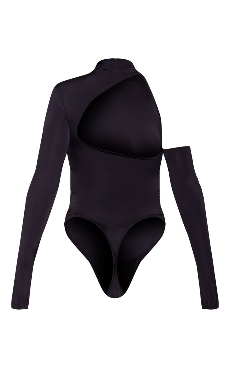 Black Slinky Cutout Shoulder Long Sleeve Bodysuit Tops PLT KSA