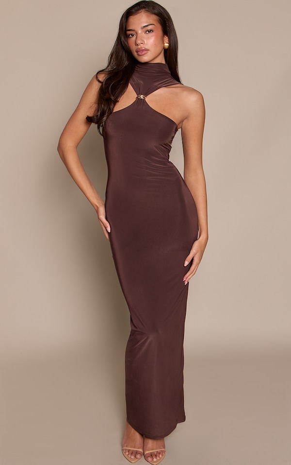 Chocolate Double Layer Slinky High Neck Trim Detail Maxi Dress