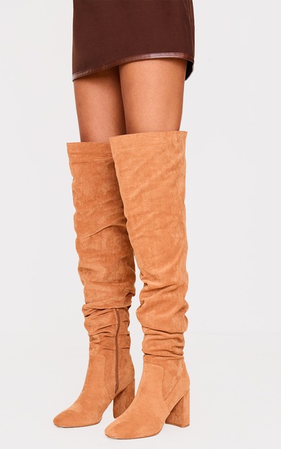 Camel Faux Suede Round Toe Ruched Over The Knee Block Heeled Boots