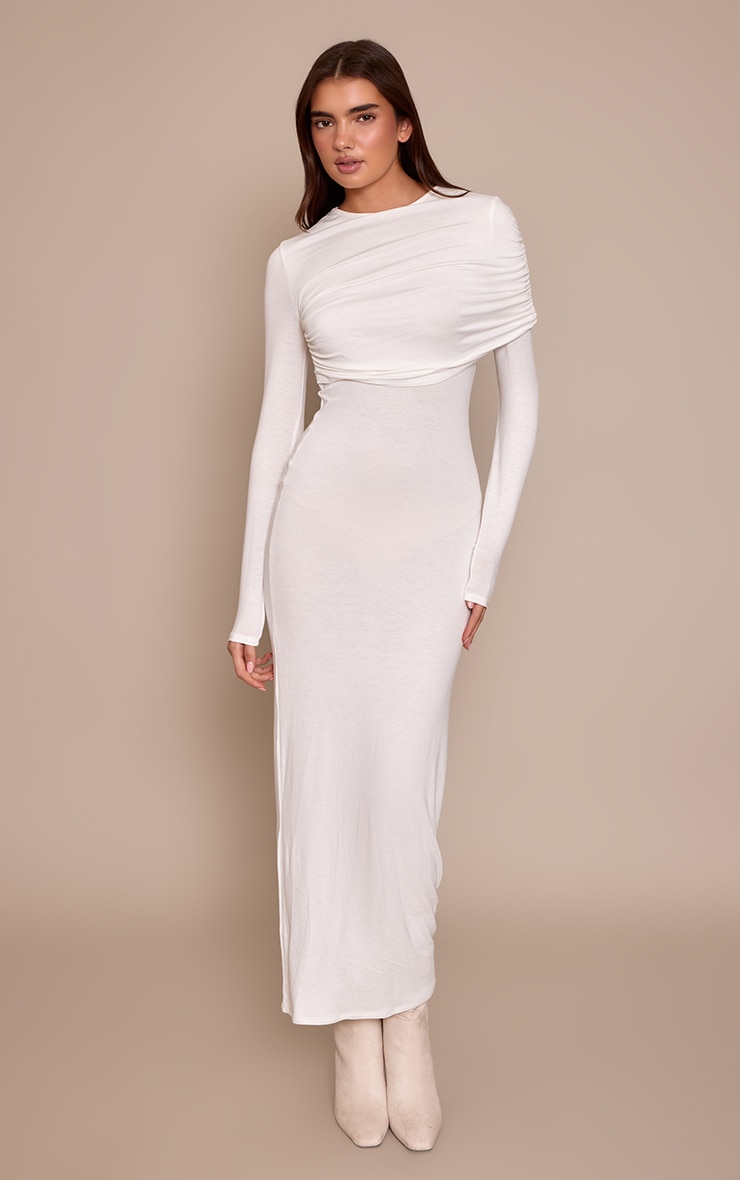 Cream Ruched Overlay Long Sleeve Maxi Dress image 1