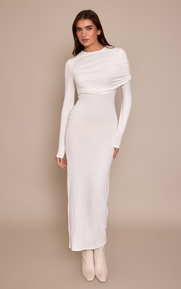 Cream Ruched Overlay Long Sleeve Maxi Dress