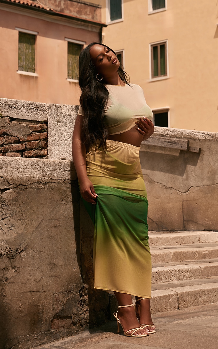 Plus Mint Green Ombre Printed Sheer Mesh Crop Top image 3