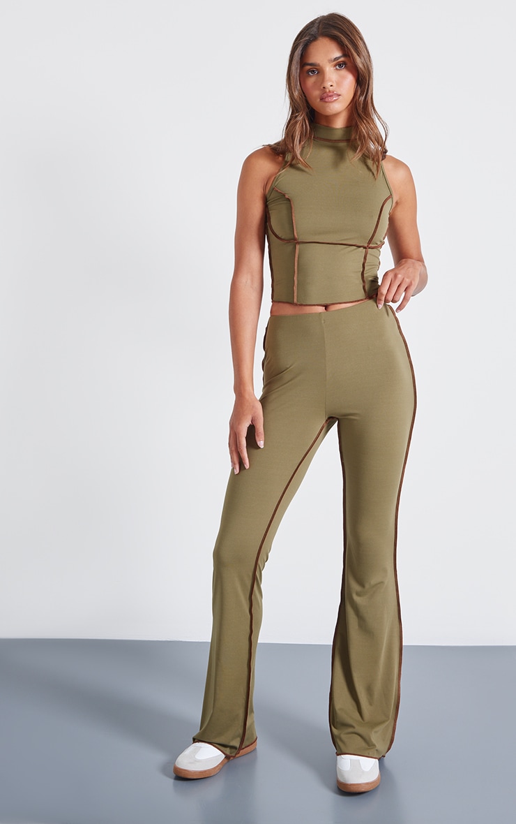 Olive Seam Detail Mid Rise Skinny Flared Pants image 1