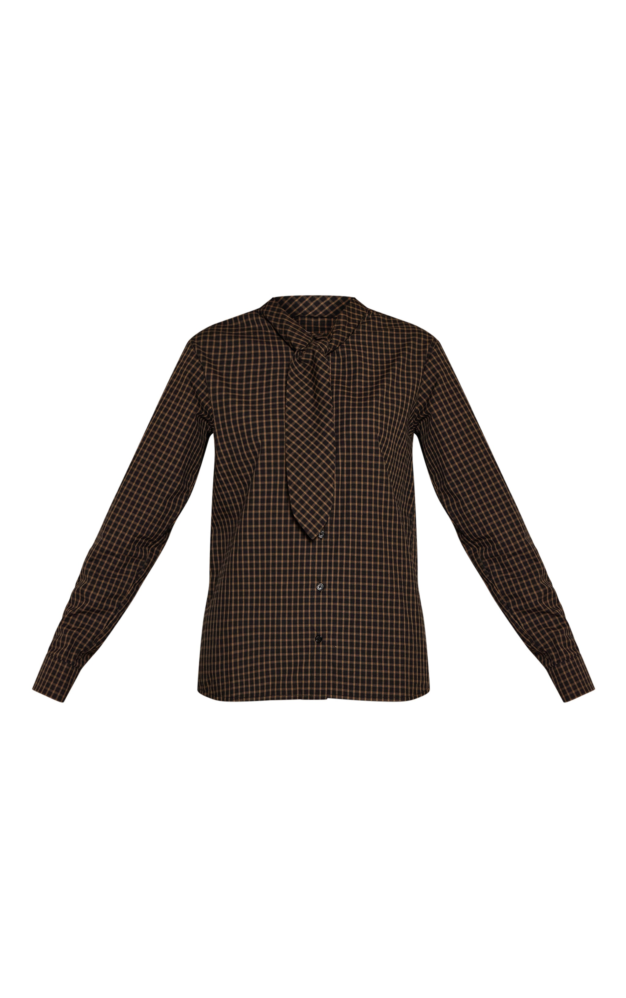 Brown Check Cotton Tie Neck Detail Oversized Shirt  image 5
