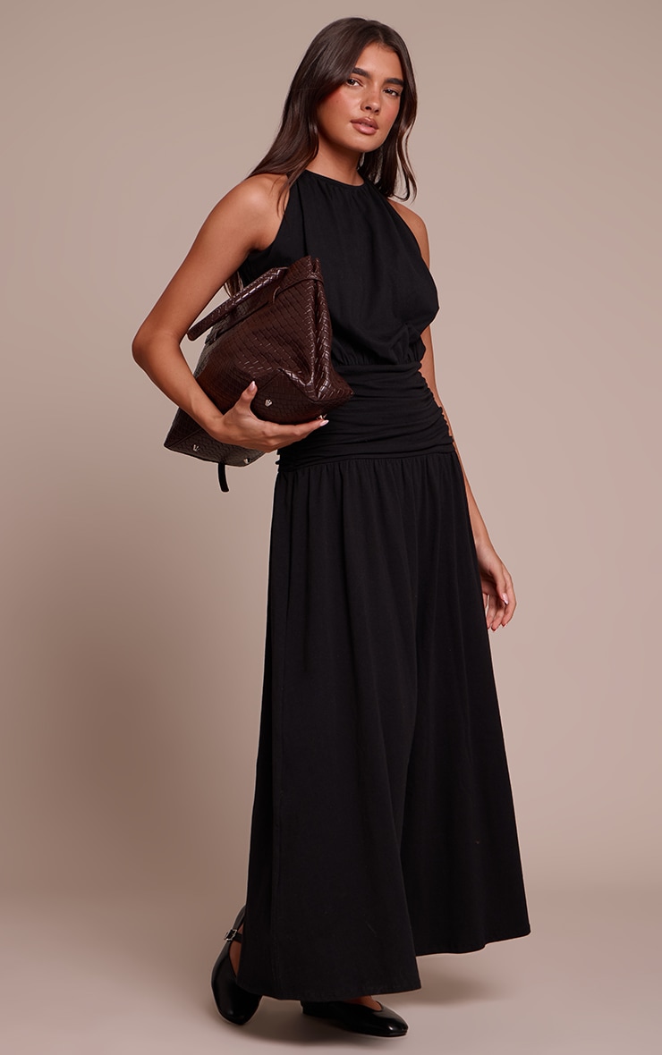 Black Jersey Halterneck Ruched Detail Maxi Dress